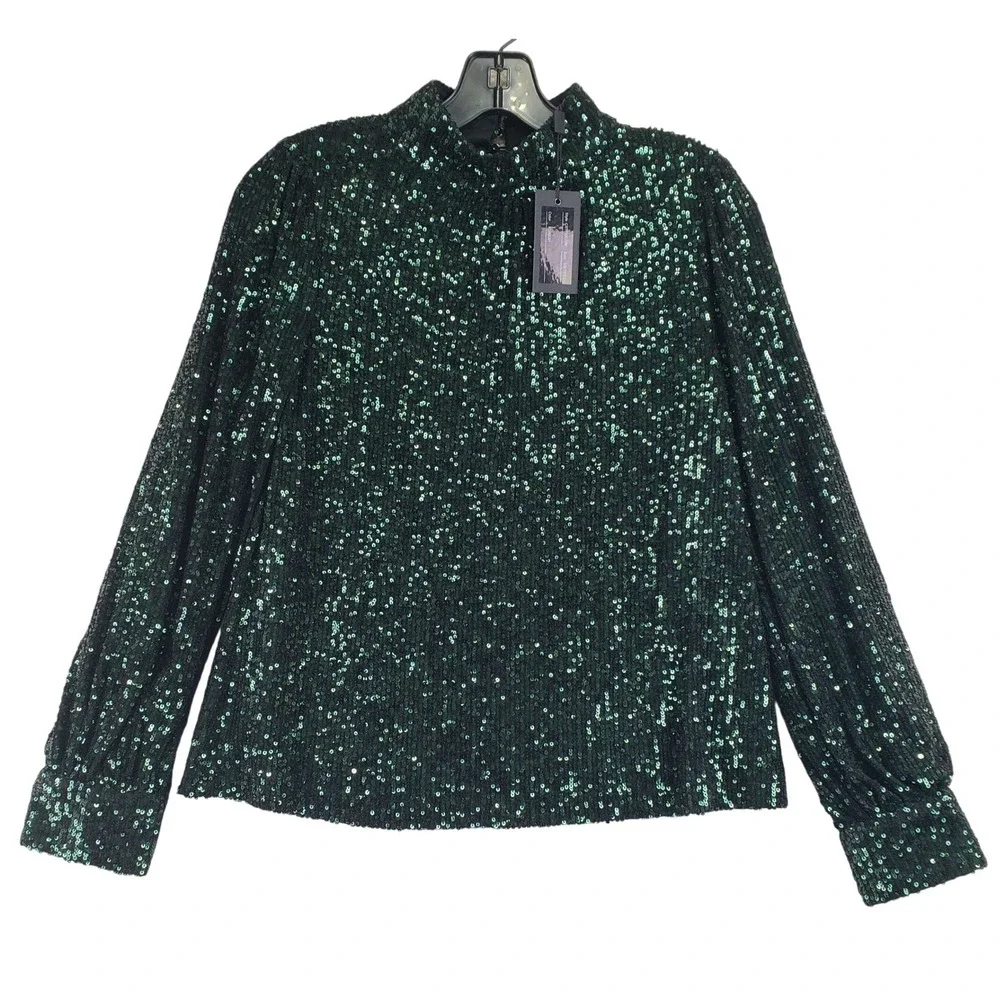 Cable & Gauge Sequin Blouse Womens XS Green Mock Neck Long Sleeve Holiday